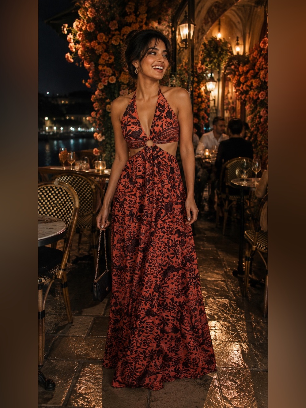 NWOT ROMANTIC Peach-Rose Floral Halter Maxi Dress with Open Back Cutout